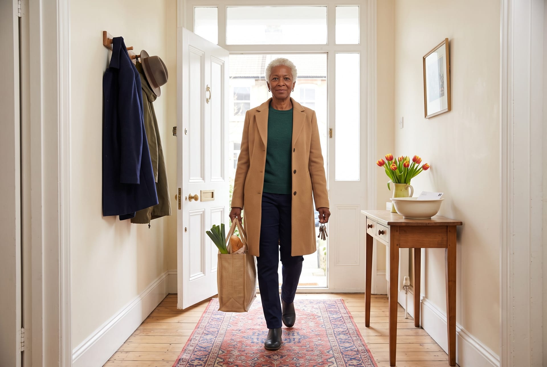 A woman arriving home with her shopping.