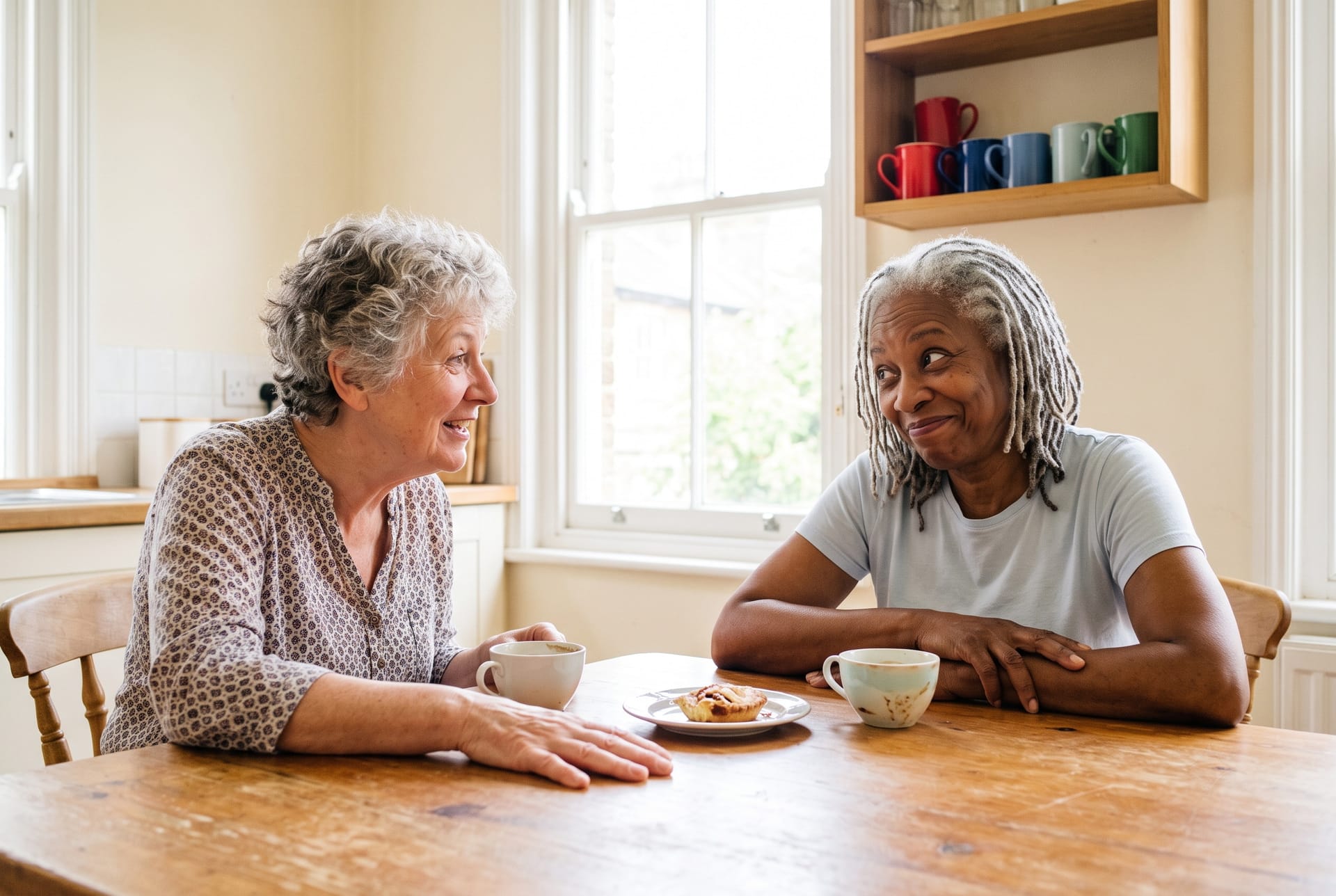 Two old friends at a café table, one insisting, one unconvinced.
