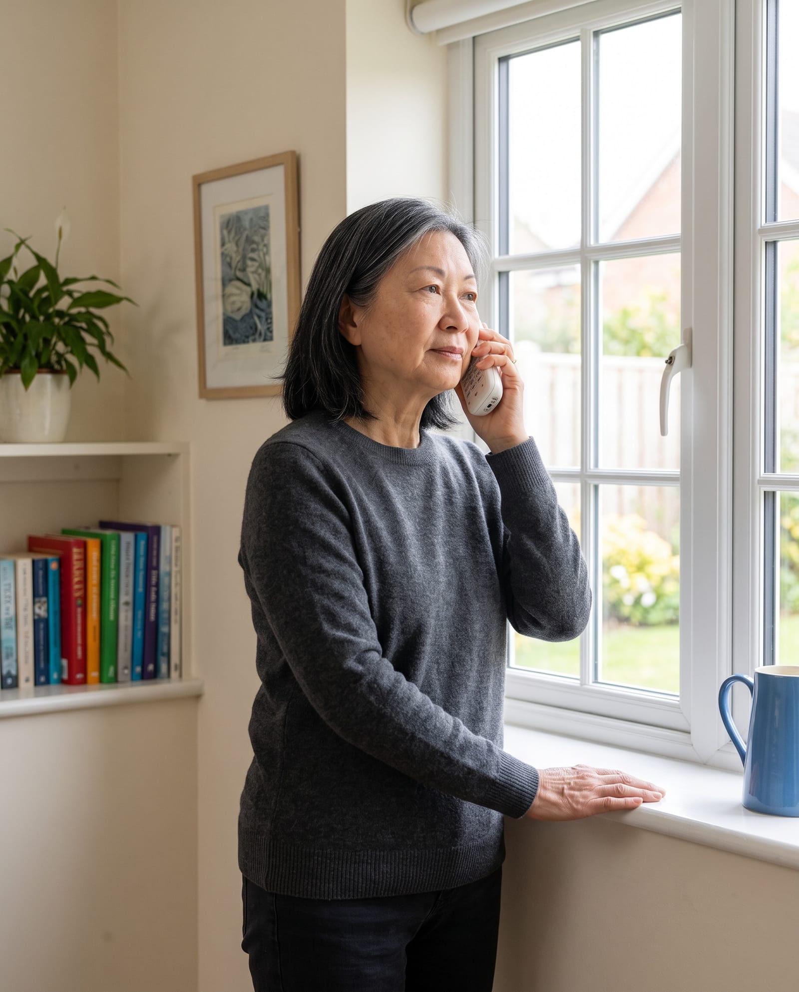 A woman listening carefully on the telephone at her window.