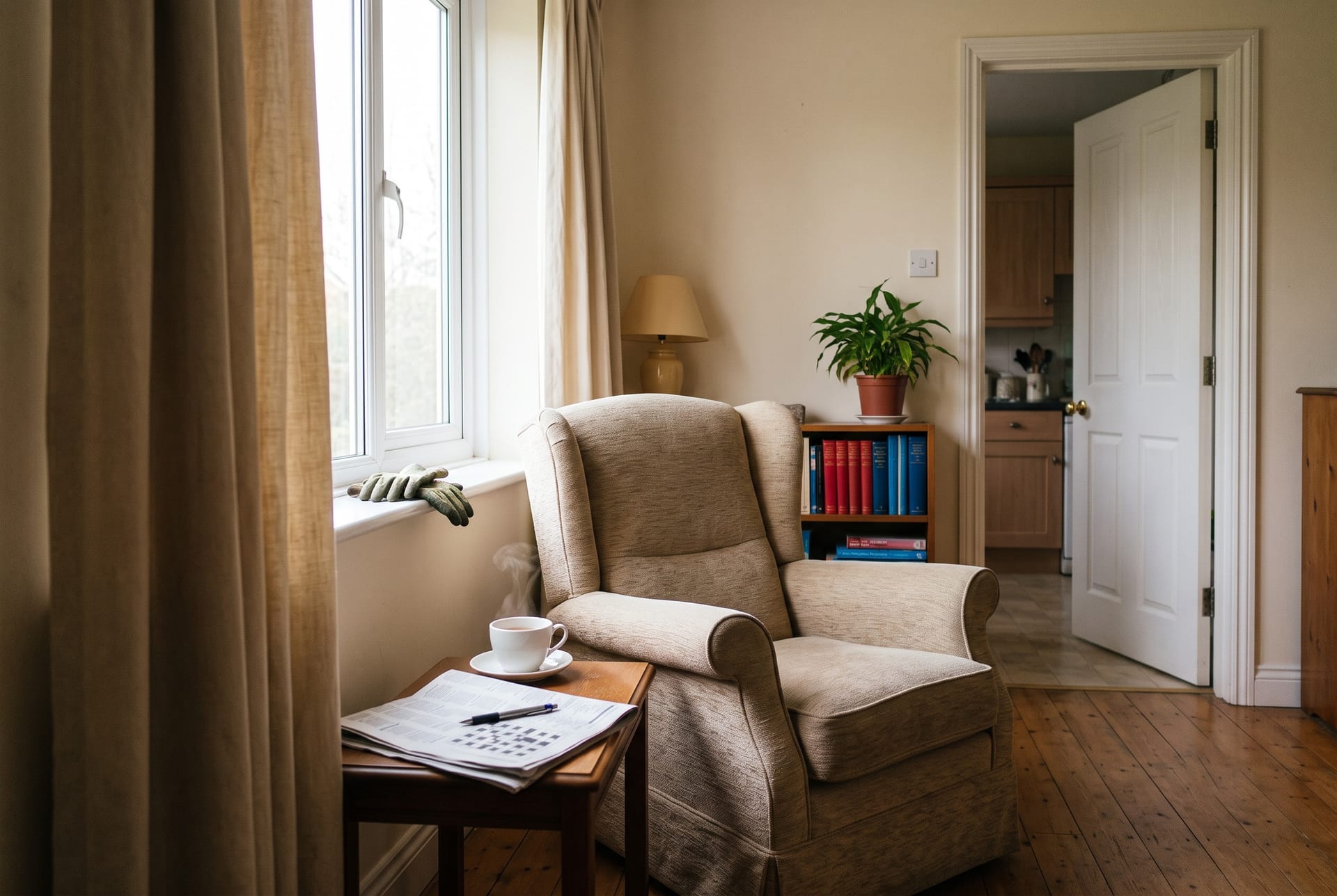 Early light in a sitting room, tea steaming beside the morning crossword.