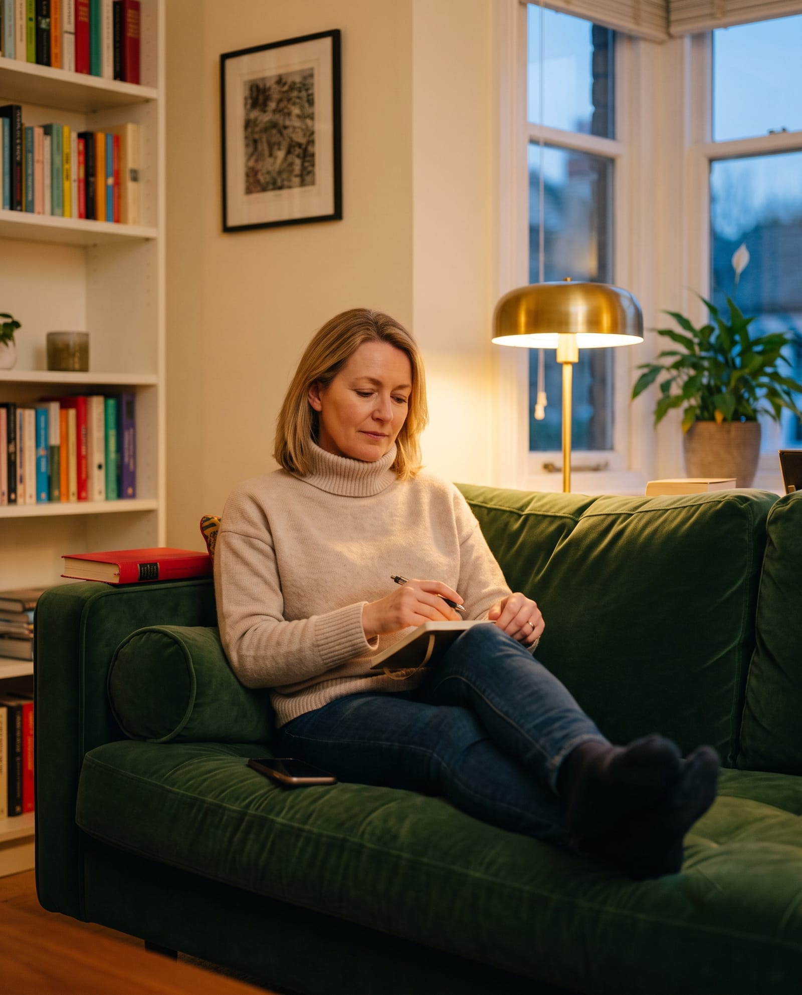 A woman closing a notebook on a sofa in the evening, decided.