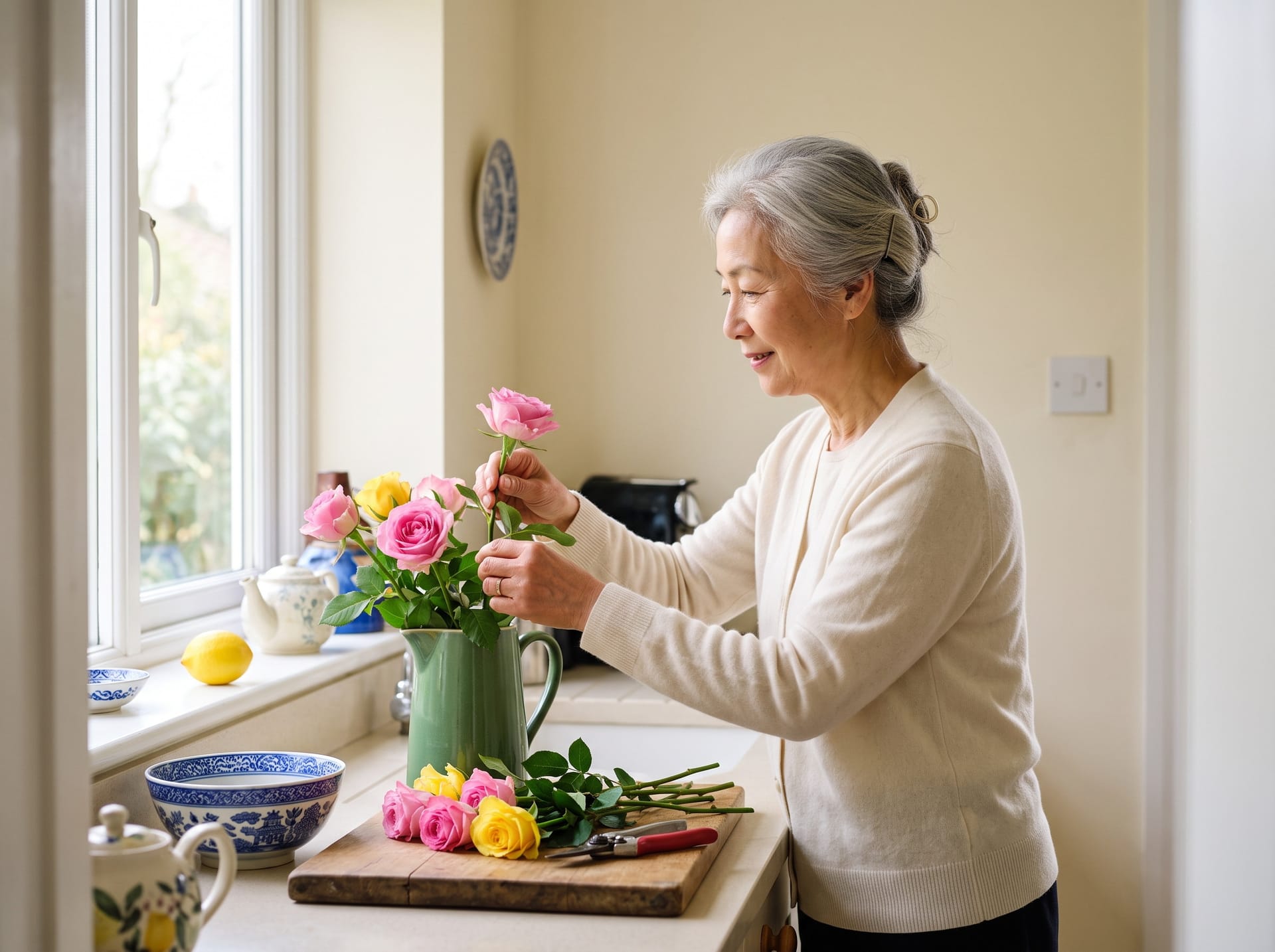 A woman arranging roses from her garden at a sunny window.