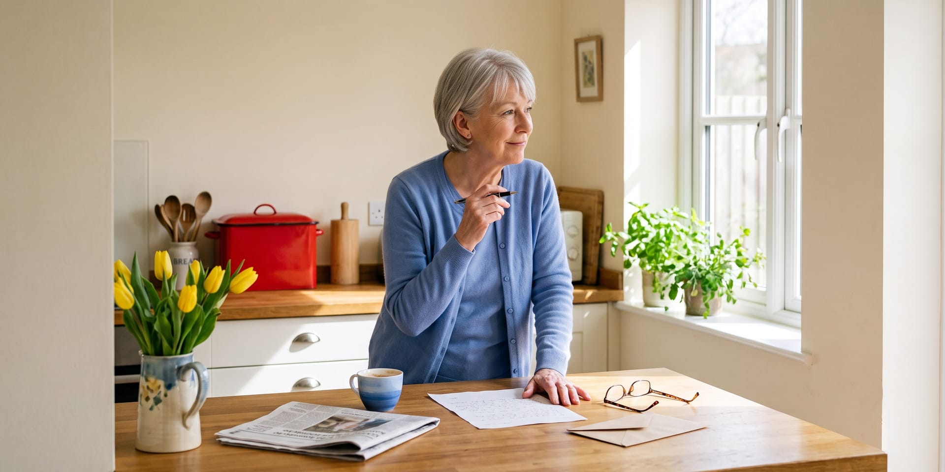 A woman pausing over the morning paper at her kitchen table.