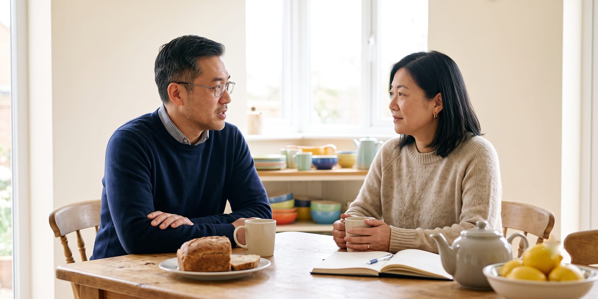 A couple talking something over at the kitchen table.