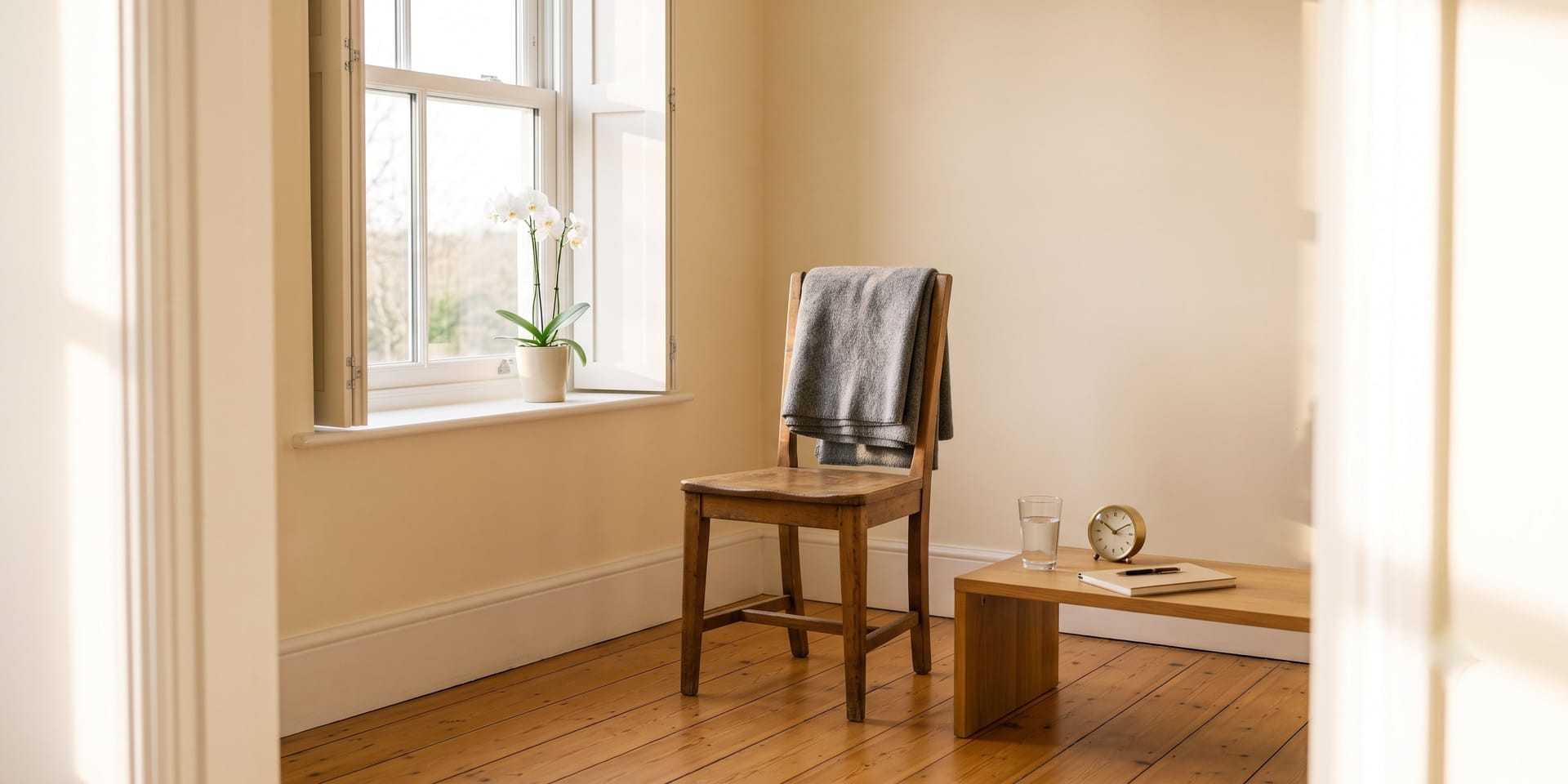 An empty chair in a quiet, sunlit room.